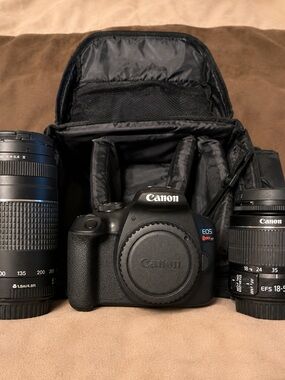 Canon Rebel T7 Black Camera Body with Two Black Canon Lenses and Carrying Case